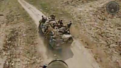 Ukrainian FPV drone strikes russian BTR-70? with meat protection armor
