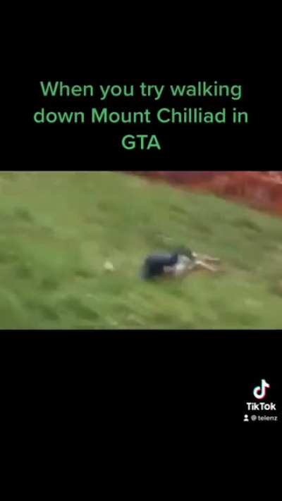 When you try waking down Mount Chilliad in GTA: