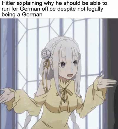 I post fascism memes every day despite not supporting the ideology whatsoever until I either surpass the communism guy in days or karma, day 373: He didn't become a German citizen until after his first failed campaign...