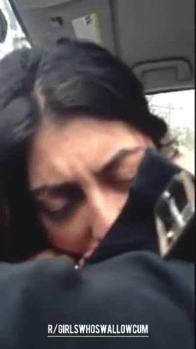 Sexy Brunette gives a Hesitant Blowjob in the Car & Takes Cum In Her Mouth