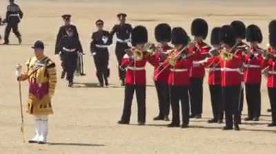 A Royal Guard trying to continue playing after fainting, while another is stretched off in the background... UK's hottest day of the year so far
