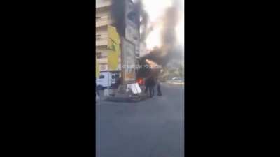 Israel drone strike against Hezbollah commander in Nebatiyeh, Lebanon, note the hezbollah flag with the wreckage in the background