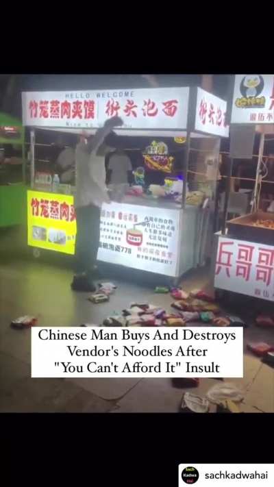 Man buys and destroys supply of noodles from stall after being told “You can’t afford it”