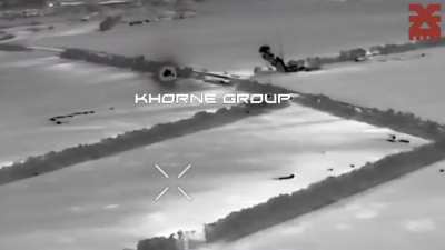 Mavic drone coordinates the launch of BM-21 Grad 122mm rockets against Russian positions in tree lines east of Korenevo village, Kursk region. With 3 hits in the tree lines. September 5, 2024. Published by Khorne Group.