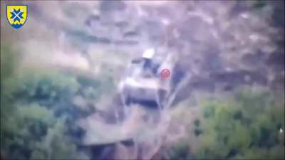 A Russian 9K35 Strela-10 met with the fine accuracy of Ukrainian artillery of the 56th Brigade, exploding spectacularly 