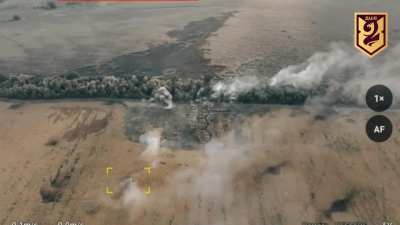 Russian position in tree line near Medvezhye, Kursk region being attacked by 125mm gun of T-80BV of the 95th Separate Polesian Air Assault Brigade. Published on September 17, 2024 by 2nd Air Assault Battalion. 