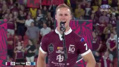 “And on behalf of the worst ever QLD team, thank you very much!” - DCE lifts the origin trophy with a smile
