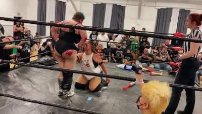 Mickie Knuckles makes Ruby Raze's uppercut to the crotch ineffective
