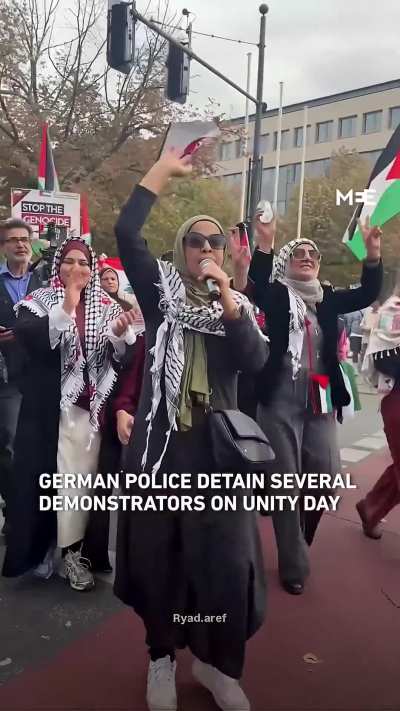 German police were seen violently detaining several anti-genocide protesters during Unity Day demonstrations, as protesters gathered to condemn Israel’s genocide in Gaza and chanted “Free Palestine”.