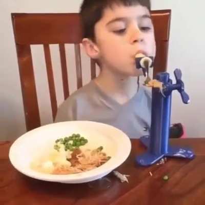 Young child with no arms invents a way to feed himself so he doesn’t have to rely on others and can be independent.
