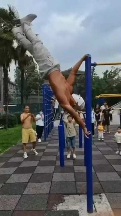 Masked man doing the moon walk in the air