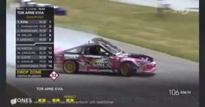 Tor Arne Kvia completing a great quali run at Drift Masters. with his hood open.