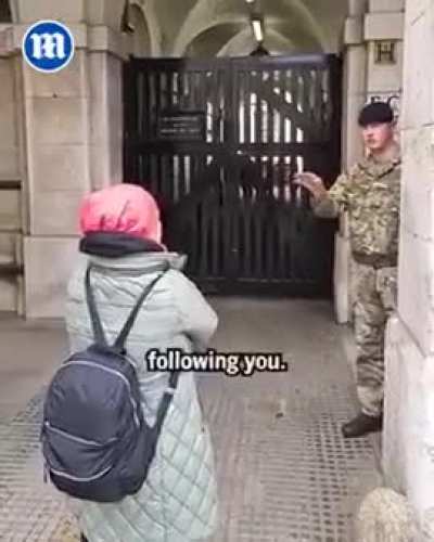 A woman persists in harassing the King's Guard's horse and soldiers, despite being repeatedly warned to desist.
