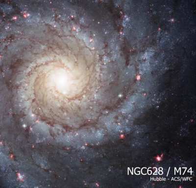 Here comes more JWST photography! NGC628 / Messier 74 as captured by JWST's MIRI (processed by me!) + Hubble's ACS/WFC