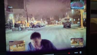 walking in front of a car on snowy roads