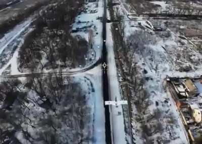 Molniya-2 drone dropping anti tank mine filmed by Ukrainian interceptor drone.