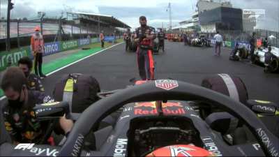 Horner reacting to Albon's onboard of the RBR mechanics being told on the grid to move the leafblowers by the FIA's Jo Bauer
