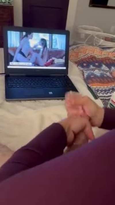 Mommy jerks daddy off to lesbian porn 💦💦💦