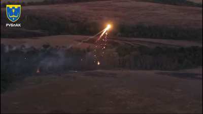 Russian infantry hidden in a forest attempt to shoot down Ukrainian drone that's dropping thermite on them.