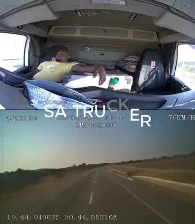 Truck driver falls asleep at the wheel.