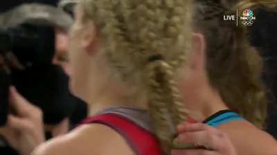 After their match, Helen Maroulis embraced and gave support to her opponent Jenna Burkert who lost her mother last week