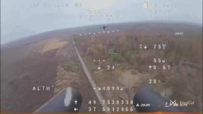 Cyberpunk level action. A Ukrainian drone with two shotguns hunts enemy drones, infantry, and corrects a mortar fire