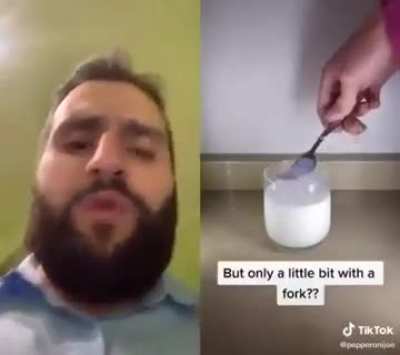 Fork full of milk.