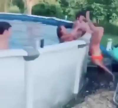 Girl jumps from garage to trampoline but misses the pool👩<wbr>‍🦽‍➡️<wbr>🤕