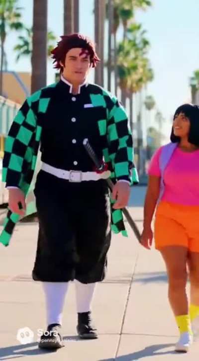 Tanjiro and Dora walking down a street in San Diego.