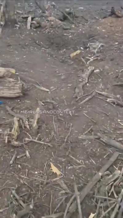 Russian troops walking up fores<wbr>t/tre<wbr>nch-l<wbr>ine after combat. Mostly dead Russians from varying time-periods. Horrific and WW1 level. Avdiivka winter 2023/24