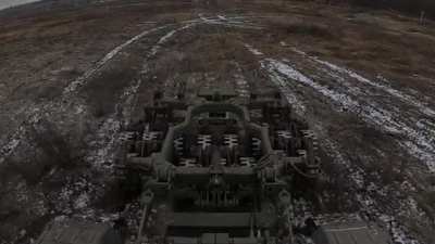 Russian tank with a TMT-S mine roller hitting a mine