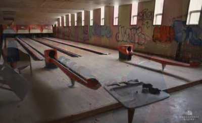 Bowling alley at the Homowack Lodge in Wurtsboro, New York and following its abandonment. 1960s vs 2017.