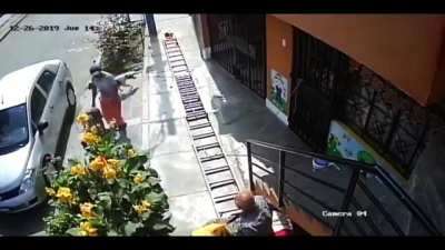 Old guy fights a ladder