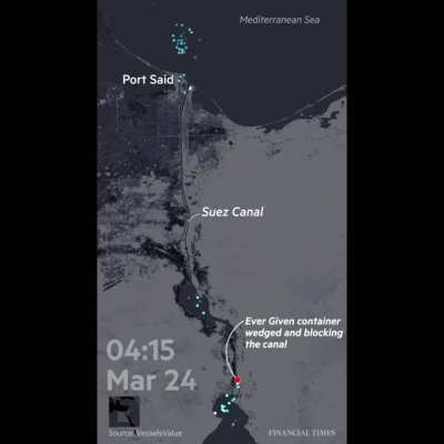 [OC] Updated mobil<wbr>e-fri<wbr>endly animation showing how the grounded container ship brought the Suez Canal to a standstill