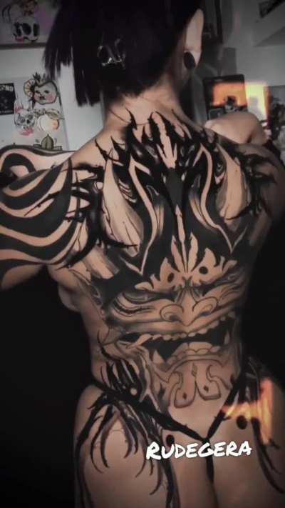 Full back tattoo, Hannya mask by © lamano.queladra