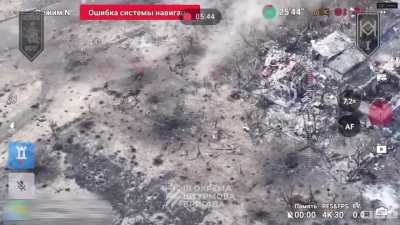 A swarm of Ukrainian fpv drones take out several russians among ruined houses.