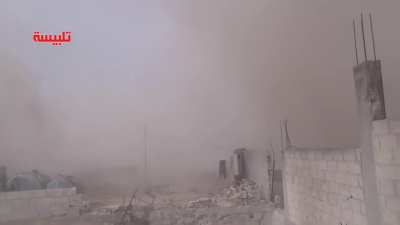 Cameraman filming results of an airstrike is almost struck by a second SyAAF strike - Talbiseh, Homs - 10/23/2015