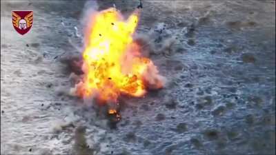 Ukrainian kamikaze drones destroy a Russian tank with mine roller and cage west of Donetsk City. July 2024