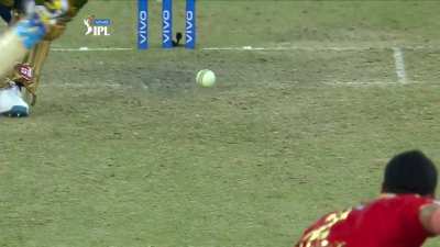 Arshdeep Singh knocks back middle stump with a perfect yorker as Dinesh Karthik shuffles miles across to the off side.