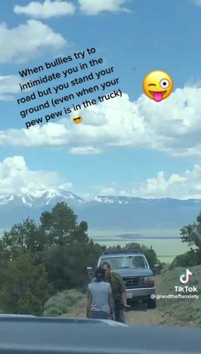 This idiot with a gun flagging a woman on a road (that only goes to her property)