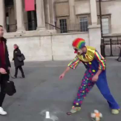 I wanna see him do it with clown shoes.