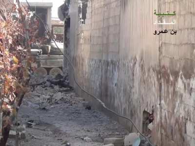 Syrian Army tank triggers an IED planted by al-Miqdad Battalion fighters - Daraya - 1/3/2013