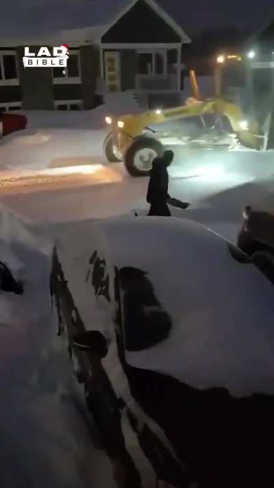 He was almost done shoveling his driveway when the street plow came by and filled it with snow again.