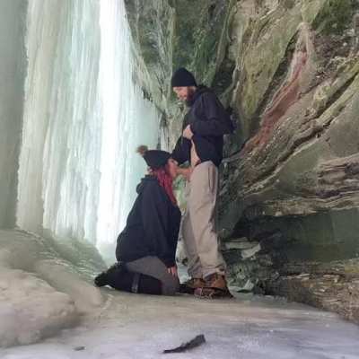 some fun behind a frozen waterfall 🤗 check out all our fun here www.o<wbr>nlyfa<wbr>ns.co<wbr>m/sug<wbr>arbel<wbr>lz