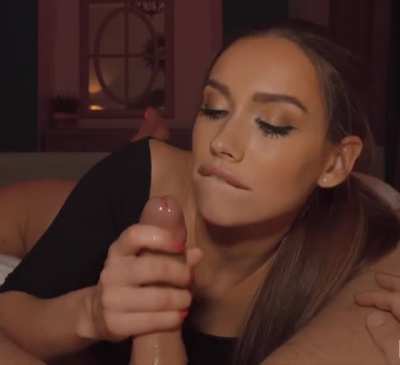 Her fast strokes and eye contact make him cum