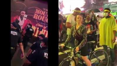 Both angles of the car plowing into protestors in NYC last night side by side, and lined up using audio from both.