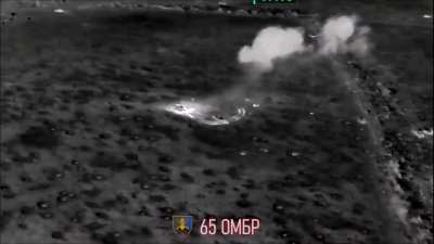 Russian vehicle hits a mine by Robotyne after dropping off infantry. April 2024 (at 47.4332,35.8214)