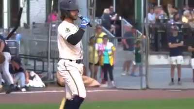 Savannah Bananas Catcher Bill Leroy introduces himself before his at-bat