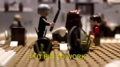 A MAN IS PREACHIGN THE TORAH IN LEGO CITY