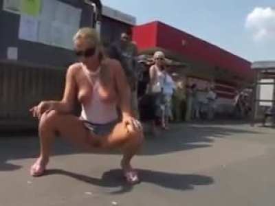 Sidewalk Pissing Slut Gets Kicked by Old Man